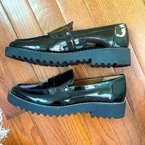 FRANCO SARTO Cassandra Platform Penny Loafer Black Faux Patent Leather Size 6.5